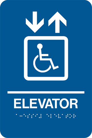 Rectangle Shape wheelchair elevator Braille sign. Blue background with white wheelchair graphic and up and down arrows, text and braille. With adhesive back for easy install.