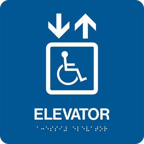 Square Shape Elevator Braille sign. Blue background with white wheelchair graphic and up and down arrows, text and braille. With adhesive back for easy install.
