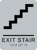 Rectangle Shape Exit Stair Braille Sign. Silver background with black stair graphic, text and braille. With adhesive back for easy install.