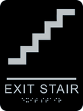 Rectangle Shape Exit Stair Braille Sign. Black background with silver stair graphic, text and braille. With adhesive back for easy install.