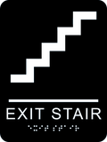 Rectangle Shape Exit Stair Braille Sign. Black background with white stair graphic, text and braille. With adhesive back for easy install.