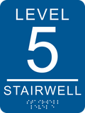 Rectangle Shape Stairwell Level Number Braille Sign. Blue background with white number, text and braille. With adhesive back for easy install.