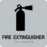 Square Shape Fire Extinguisher Braille Sign. Silver background with black graphic, text and braille. With adhesive back for easy install.