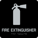 Square Shape Fire Extinguisher Braille Sign. Black background with silver graphic, text and braille. With adhesive back for easy install.