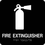 Square Shape Fire Extinguisher Braille Sign. Black background with white graphic, text and braille. With adhesive back for easy install.