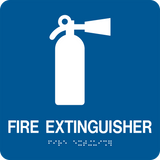 Square Shape Fire Extinguisher Braille Sign. Blue background with white graphic, text and braille. With adhesive back for easy install.