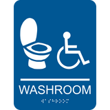 Rectangle shaped gender neutral washroom sign. Blue background with white toilet and wheelchair graphics. With adhesive back for easy install.