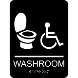 Rectangle shaped gender neutral washroom sign. Black background with white toilet and wheelchair graphics. With adhesive back for easy install.