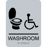 Rectangle shaped gender neutral washroom sign. Silver background with black toilet and wheelchair graphics. With adhesive back for easy install.