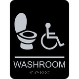 Rectangle shaped gender neutral washroom sign. Black background with silver toilet and wheelchair graphics. With adhesive back for easy install.