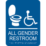 Rectangle shaped all gender restroom sign. Blue background with white toilet and wheelchair graphics text and braille. With adhesive back for easy install.