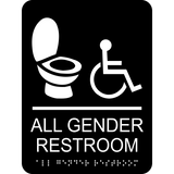 Rectangle shaped all gender restroom sign. Black background with white toilet and wheelchair graphics text and braille. With adhesive back for easy install.