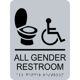 Rectangle shaped all gender restroom sign. Silver background with black toilet and wheelchair graphics text and braille. With adhesive back for easy install.