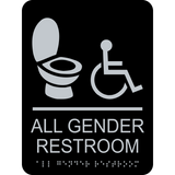 Rectangle shaped all gender restroom sign. Black background with silver toilet and wheelchair graphics text and braille. With adhesive back for easy install.