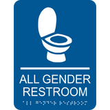 Rectangle shape all gender restroom braille sign. Blue background with white text, symbol of a toilet and braille. With adhesive back for easy install.