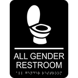 Rectangle shape all gender restroom braille sign. Black background with white text, symbol of a toilet and braille. With adhesive back for easy install.