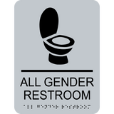 Rectangle shape all gender restroom braille sign. Silver background with black text, symbol of a toilet and braille. With adhesive back for easy install.