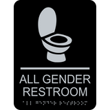 Rectangle shape all gender restroom braille sign. Black background with  silver text, symbol of a toilet and braille. With adhesive back for easy install.
