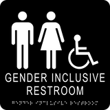 square shape gender inclusive accessible restroom. Black background with white text, graphics, and braille. With adhesive back for easy install.