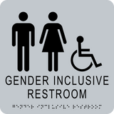 square shape gender inclusive accessible restroom. Silver background with black text, graphics, and braille. With adhesive back for easy install.
