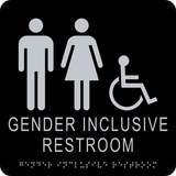 square shape gender inclusive accessible restroom. Black background with silver text, graphics, and braille. With adhesive back for easy install.