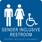 square shape gender inclusive accessible restroom. Blue background with white text, graphics, and braille. With adhesive back for easy install.