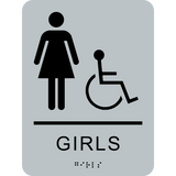 Girls washroom Braille sign text silver background with black female graphic, wheelchair symbol and braille. with adhesive back for easy install.