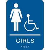 Girls washroom Braille sign text blue background with white female graphic, wheelchair symbol and braille. with adhesive back for easy install.
