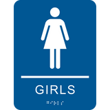 Girls washroom Braille sign text blue background with white female graphic, text and braille. with adhesive back for easy install.