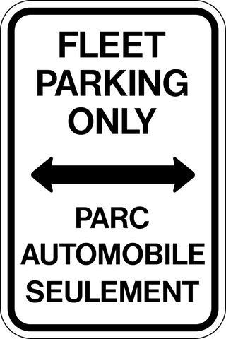 This Fleet parking only sign features a double end arrow and black text in French and English on a white background.