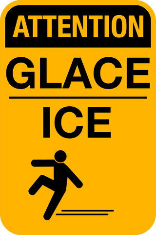 Yellow sign with black text and pictogram indicating caution for ice.