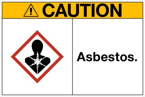 Safety sign with a yellow background and the word 'CAUTION' in black. The pictogram shows a person with asbestos fibers around them, indicating the hazardous nature of the material.