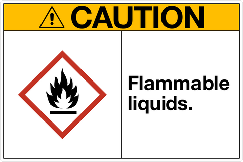 Caution sign with a flame pictogram and text indicating flammable liquids.