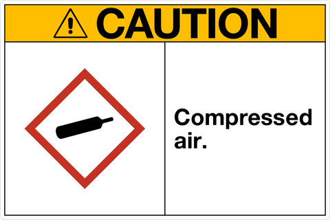 A safety sign with a yellow background and the text 'CAUTION COMPRESSED AIR.' It features a red diamond-shaped sign with a white symbol representing a compressed air cylinder and the word 'AIR' below it.
