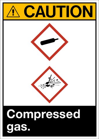 A caution sign for compressed gases featuring a yellow border, a black and red pictogram of a gas cylinder with a warning label, and the text 'CAUTION COMpressed GAS.'.