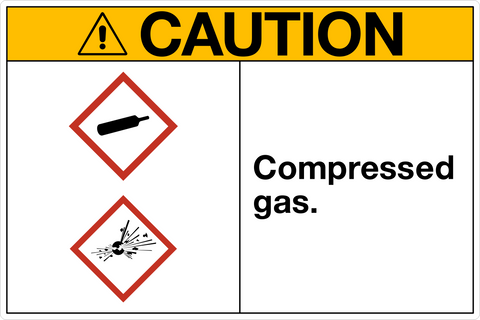 A safety sign with a yellow background and black text that reads 'CAUTION COMPRESS GAS' along with red and white pictograms of a gas canister and a warning symbol.
