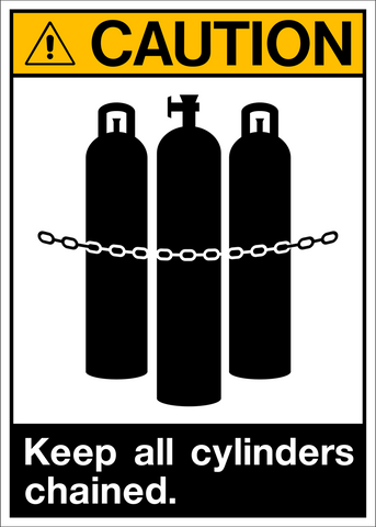 A safety sign with a yellow background and black pictogram showing three chained cylinders, and text that says 'CAUTION KEEP ALL CYLINDERS CHAINED.'. ANSI Layout