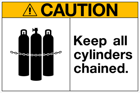 A safety sign with a yellow background and black pictogram showing three chained cylinders, and text that says 'CAUTION KEEP ALL CYLINDERS CHAINED.'.