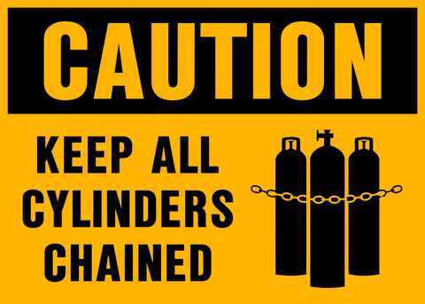 A safety sign with a yellow background and black text that reads 'CAUTION Keep all Cylinders Chained' along with three images of chained cylinders.
