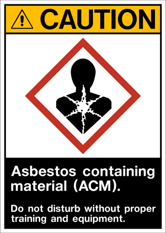 Caution sign with a pictogram of a person and asbestos text, indicating Asbestos Containing Material (ACM).