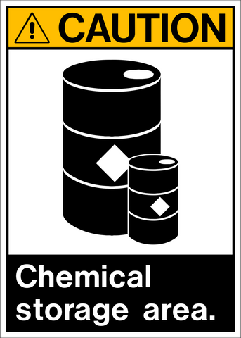 A caution sign with a black and yellow border, a diamond-shaped symbol in the center, and text that reads 'CAUTION CHEMICAL STORAGE AREA.'.