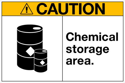 A safety sign with a yellow background and black text and pictogram that reads 'CAUTION CHEMICAL STORAGE AREA.'
