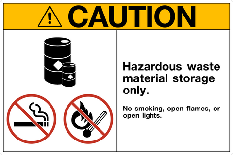 A caution sign with a yellow background and black and red symbols indicating hazardous waste material storage, and no smoking, open flames, or open lights allowed.