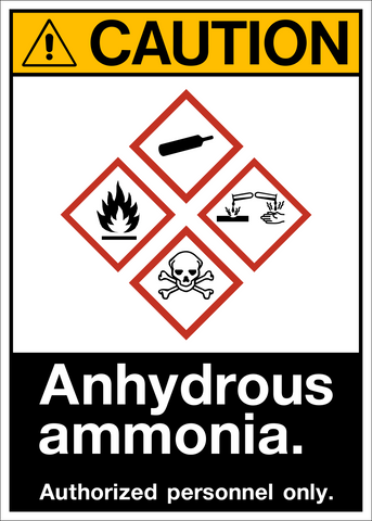 A caution sign featuring a yellow and black background with the word 'CAUTION' in large bold letters, and additional symbols including a flammable gas cylinder and a skull with crossbones. The sign also states 'ANHYDROUS AMMONIA.