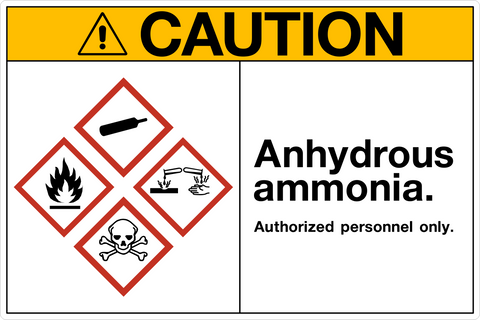 A safety sign with a yellow background and red and black pictograms indicating caution for anhydrous ammonia.