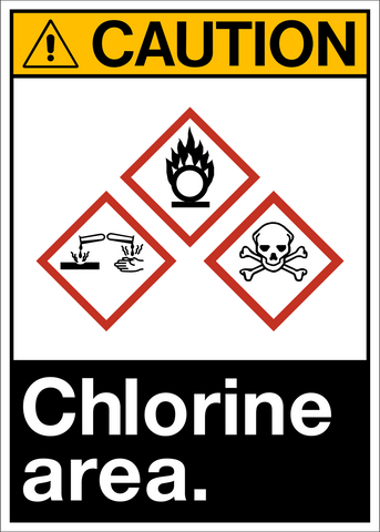 A caution sign with a yellow background and the word 'CHLORINE' in large black letters, accompanied by red symbols of a flame, a skull, and other hazard pictograms.
