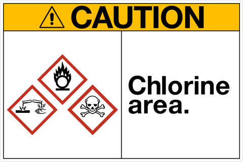 A caution sign with a yellow background and the word 'CHLORINE' in large black letters, accompanied by red symbols of a flame, a skull, and other hazard pictograms that follow the OSHA specification.