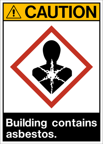 A caution sign with a red and white triangular border, featuring a black and white pictogram of a person with asbestos exposure symptoms, and the text 'BUILDING CONTAINS ASBESTOS.'.