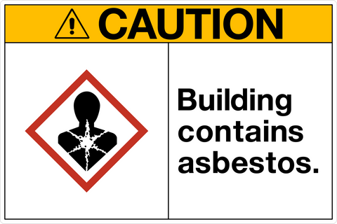 A caution sign with a red and white triangular border, featuring a black and white pictogram of a person with asbestos exposure symptoms, and the text 'BUILDING CONTAINS ASBESTOS.'.