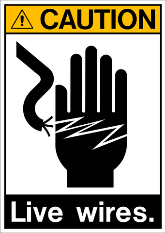 Caution sign with a black and white pictogram of a hand with live wires, and yellow text on a yellow background.